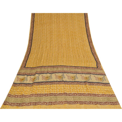 Sanskriti Vintage Saree Yellow Pure Crepe Silk Floral Printed Sari 5.5+Yd Fabric