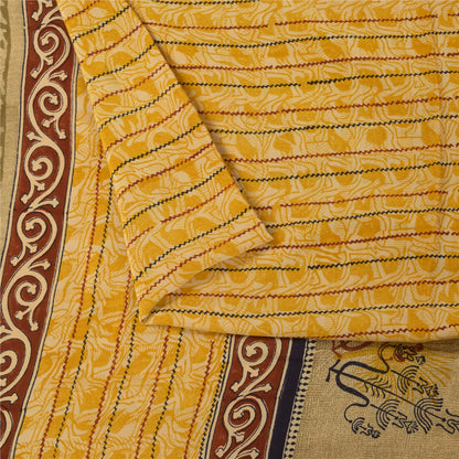 Sanskriti Vintage Saree Yellow Pure Crepe Silk Floral Printed Sari 5.5+Yd Fabric