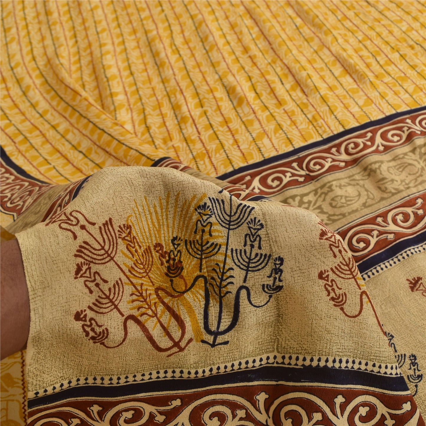 Sanskriti Vintage Saree Yellow Pure Crepe Silk Floral Printed Sari 5.5+Yd Fabric