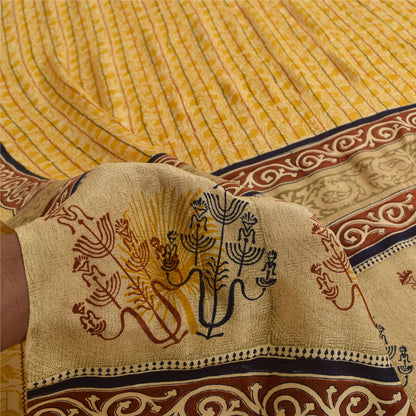 Sanskriti Vintage Saree Yellow Pure Crepe Silk Floral Printed Sari 5.5+Yd Fabric