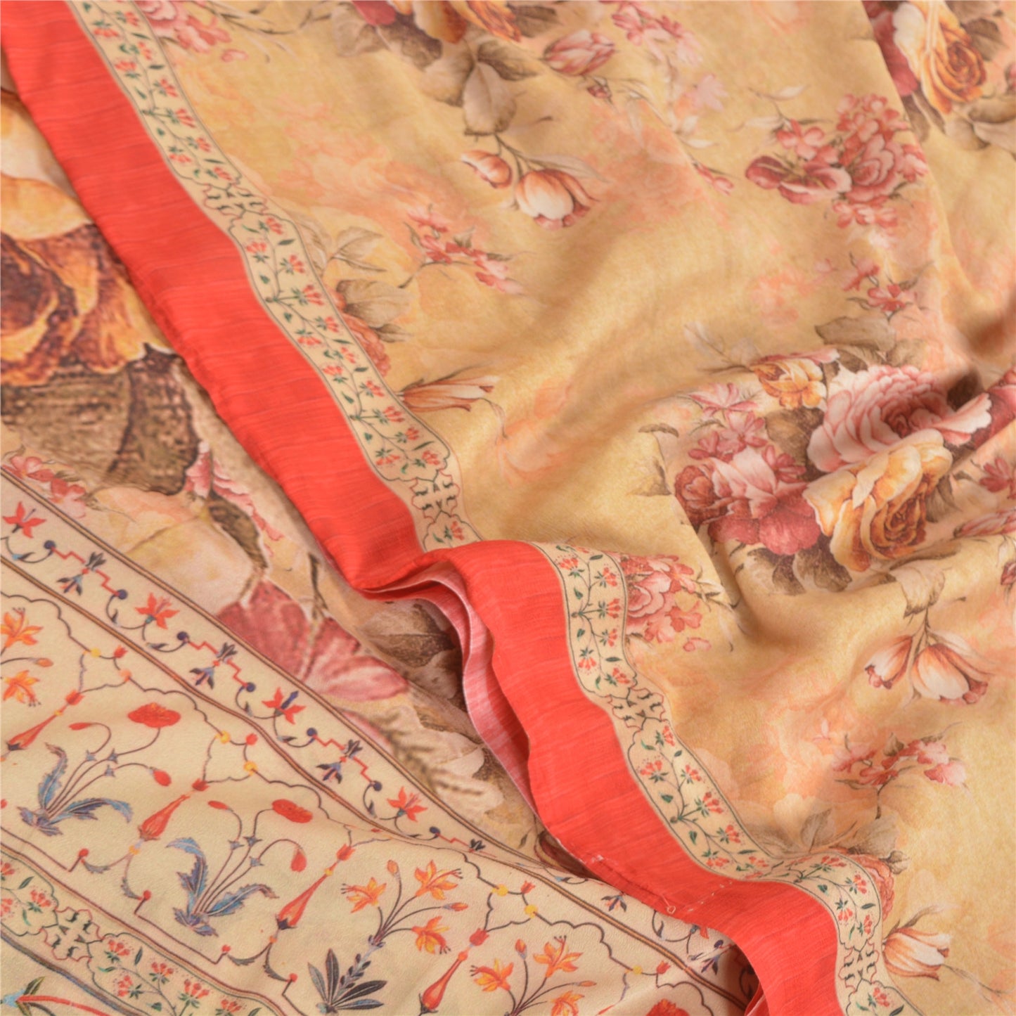 Sanskriti Vintage beige Sarees Poly Georgette Printed Sari Craft Sustainable Fabric