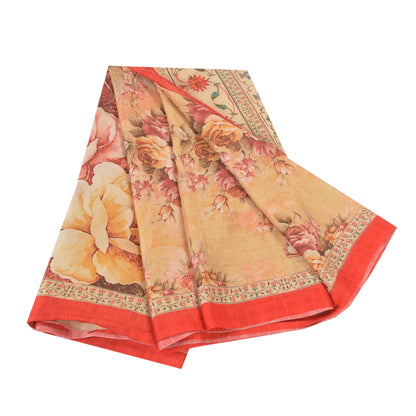 Sanskriti Vintage beige Sarees Poly Georgette Printed Sari Craft Sustainable Fabric