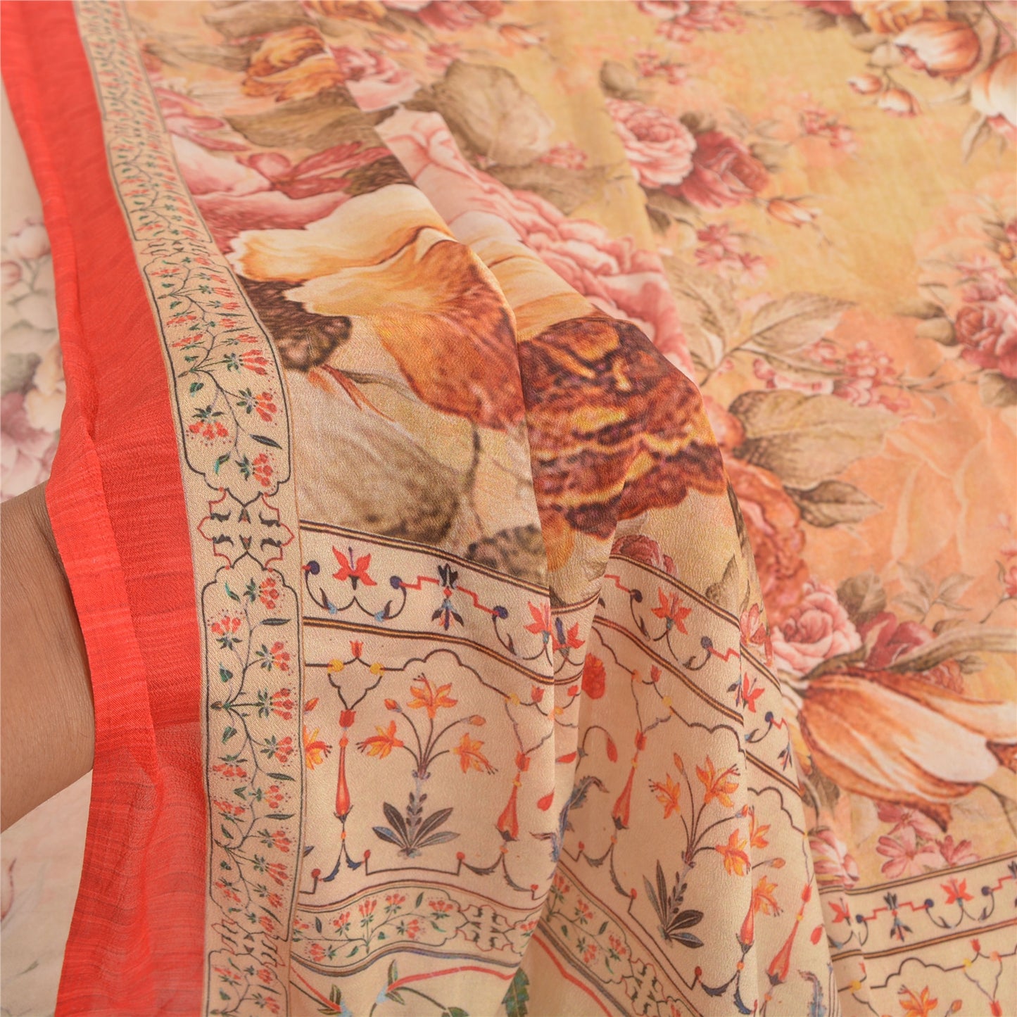 Sanskriti Vintage beige Sarees Poly Georgette Printed Sari Craft Sustainable Fabric
