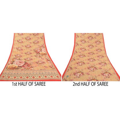 Sanskriti Vintage beige Sarees Poly Georgette Printed Sari Craft Sustainable Fabric