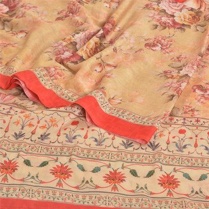 Sanskriti Vintage beige Sarees Poly Georgette Printed Sari Craft Sustainable Fabric