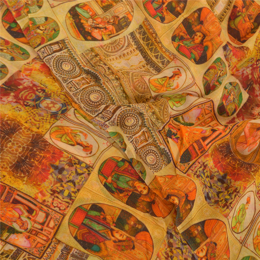 Sanskriti Vintage Orange Sarier Blandet Georgette Digital Menneskeprint Sari Bæredygtigt Stoff