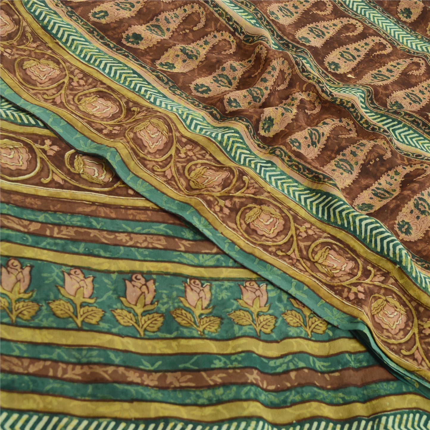 Sanskriti Vintage Sarees Brown Pure Georgette Silk Printed Sari 5yd Craft Fabric