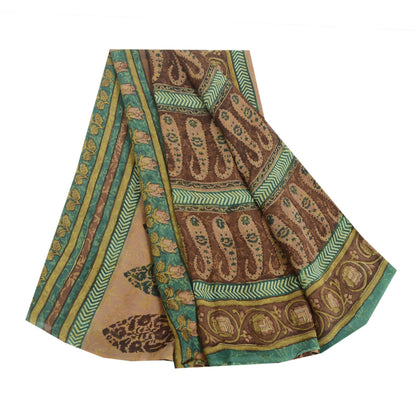 Sanskriti Vintage Sarees Brown Pure Georgette Silk Printed Sari 5yd Craft Fabric