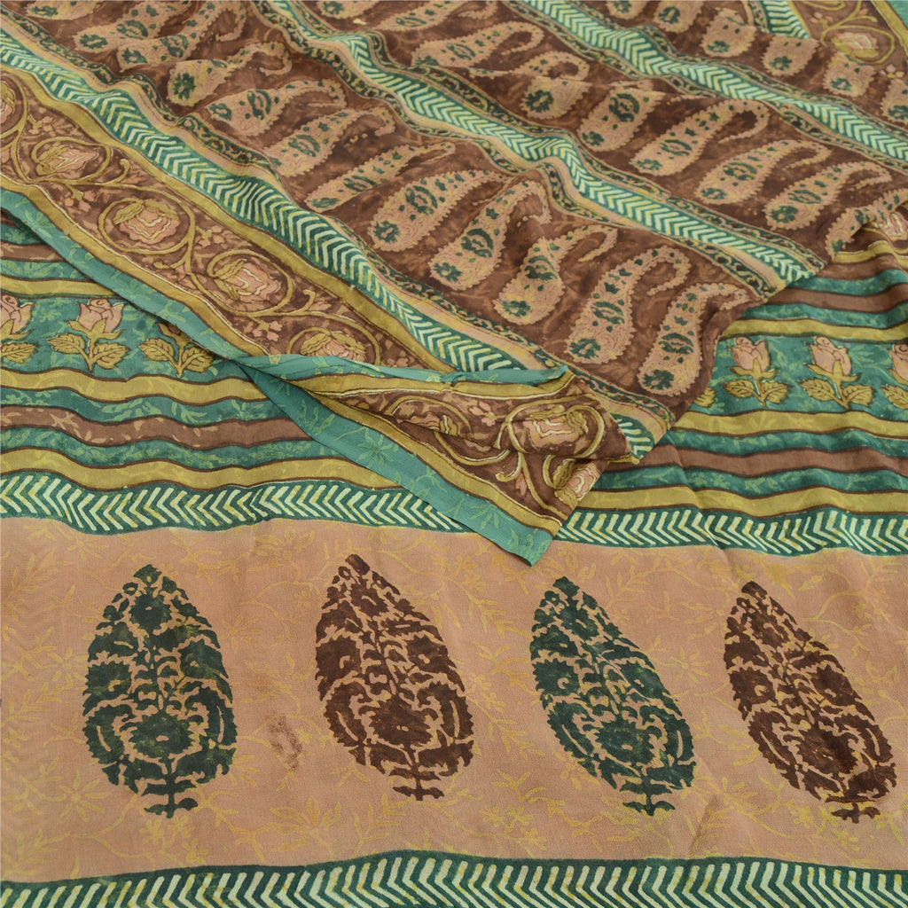 Sanskriti Vintage Sarees Brown Pure Georgette Silk Printed Sari 5yd Craft Fabric