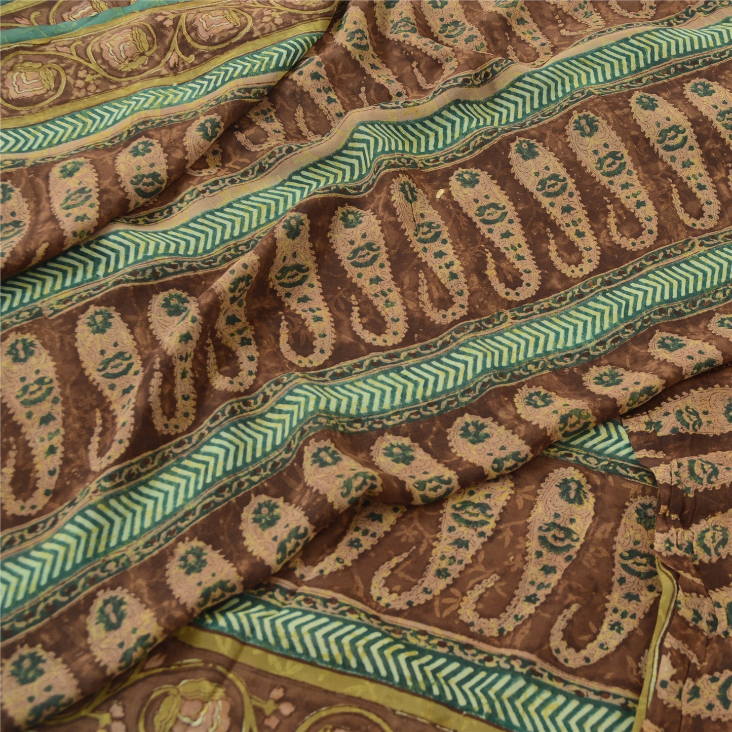 Sanskriti Vintage Sarees Brown Pure Georgette Silk Printed Sari 5yd Craft Fabric