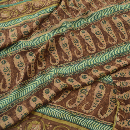 Sanskriti Vintage Sarees Brown Pure Georgette Silk Printed Sari 5yd Craft Fabric