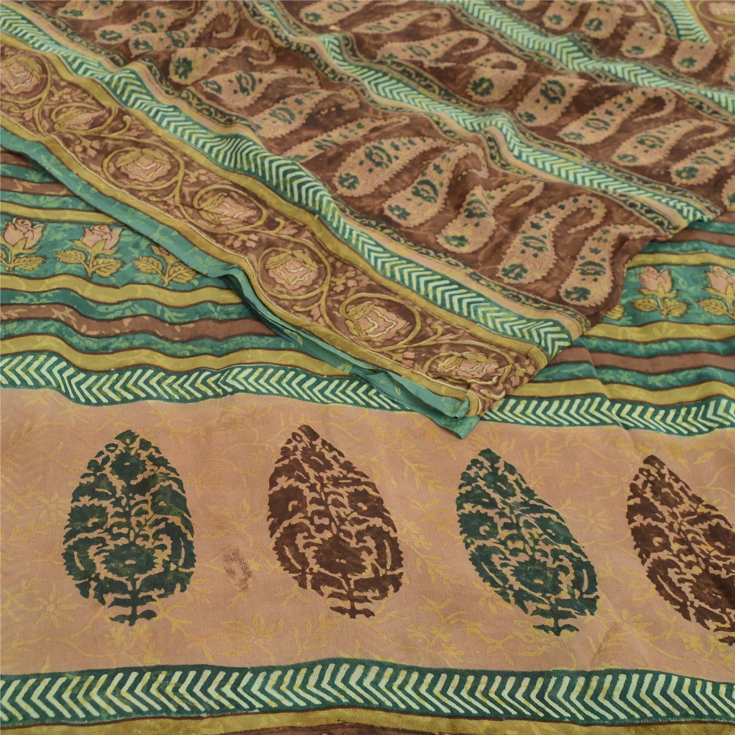 Sanskriti Vintage Sarees Brown Pure Georgette Silk Printed Sari 5yd Craft Fabric