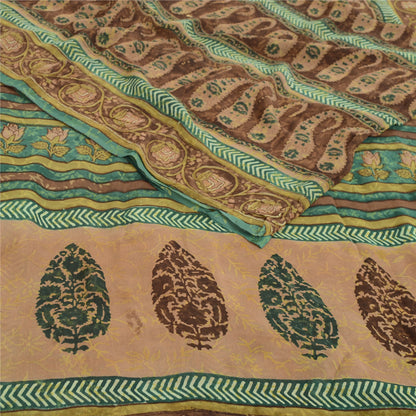 Sanskriti Vintage Sarees Brown Pure Georgette Silk Printed Sari 5yd Craft Fabric
