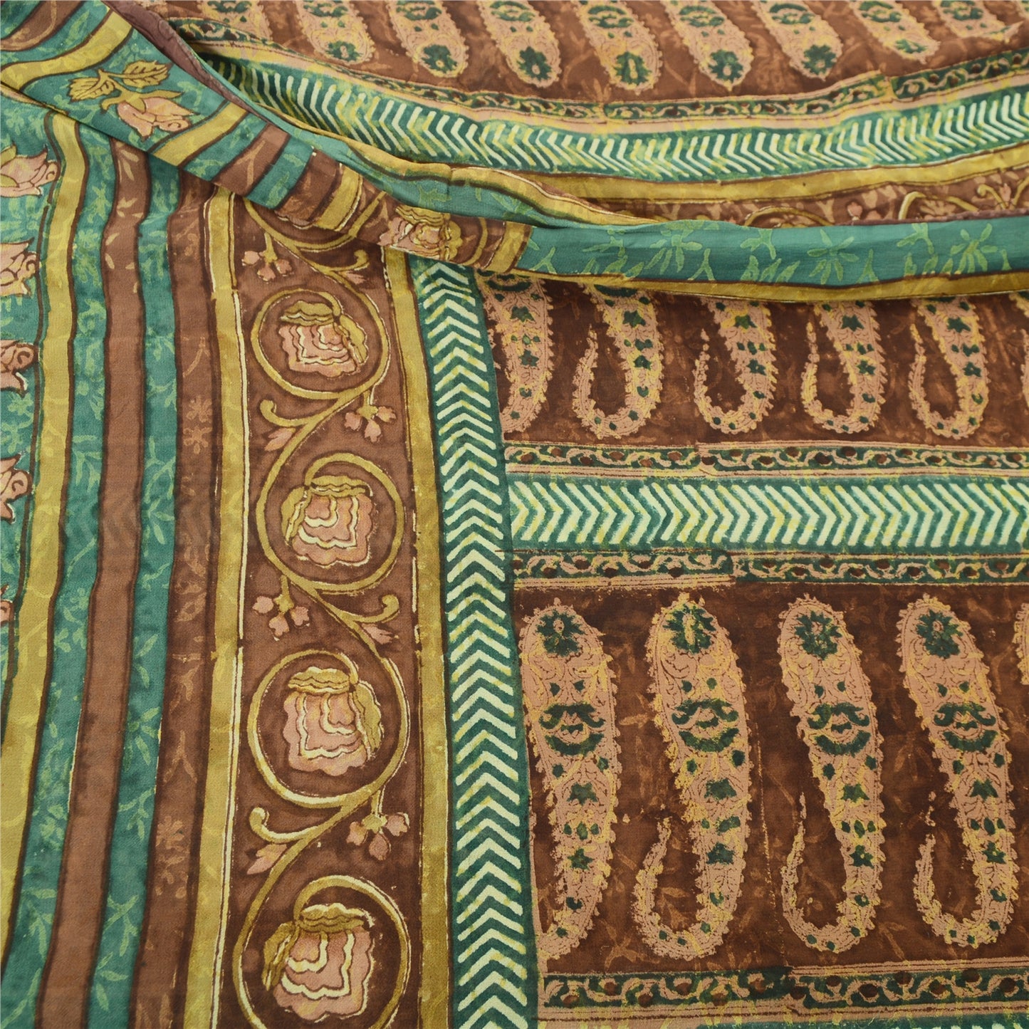 Sanskriti Vintage Sarees Brown Pure Georgette Silk Printed Sari 5yd Craft Fabric