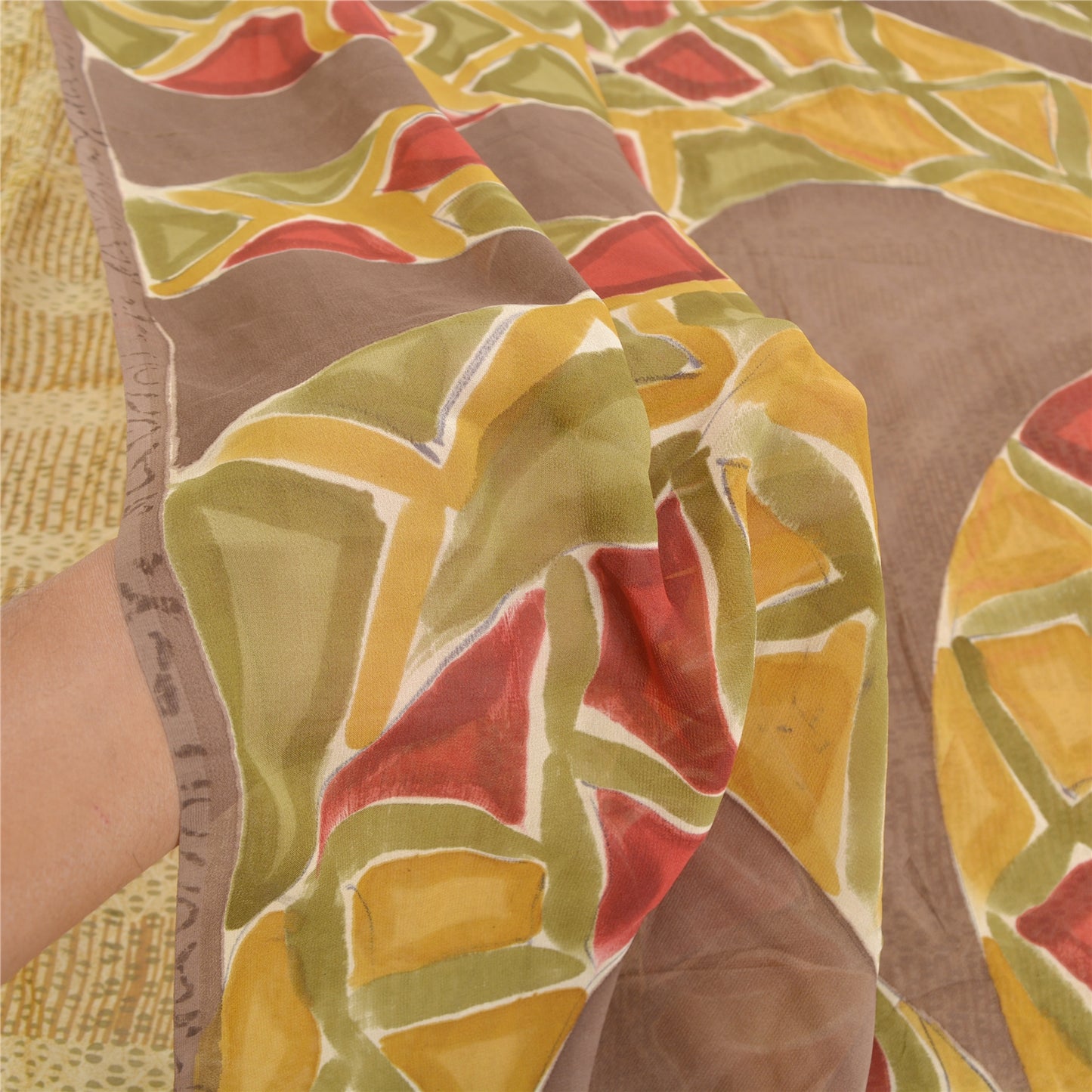 Sanskriti Vintage Beige Sarees Ren Georgette Silke Trykt Sari Håndværk Bæredygtigt Stoff