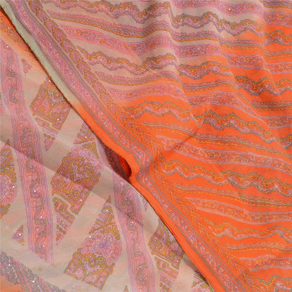 Sanskriti Vintage Orange Printed Hand Beads Sarees Pure Chiffon Silk Sari Sustainable Fabric