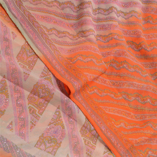 Sanskriti Vintage Orange Printed Hand Beads Sarees Pure Chiffon Silk Sari Sustainable Fabric