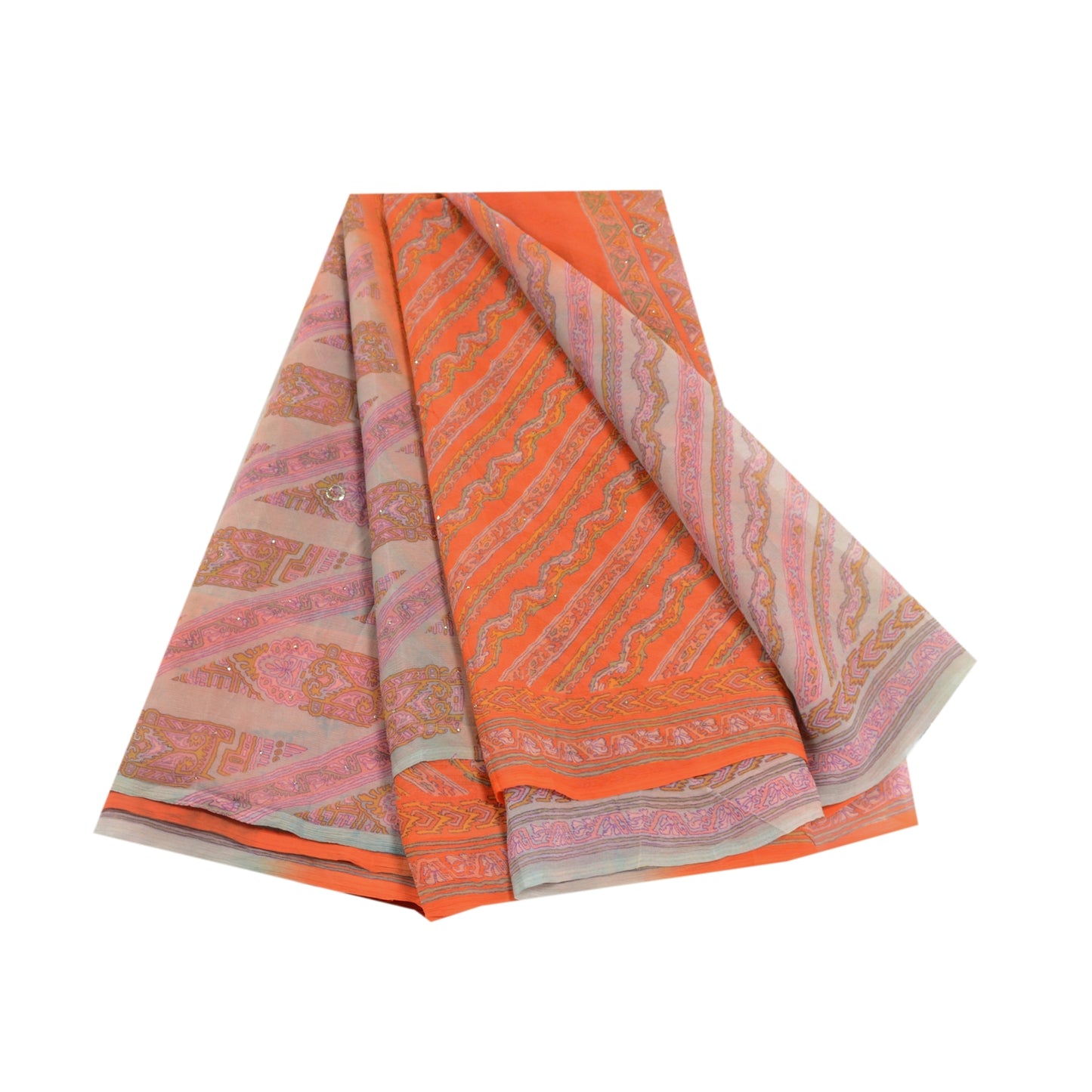 Sanskriti Vintage Orange Printed Hand Beads Sarees Pure Chiffon Silk Sari Sustainable Fabric