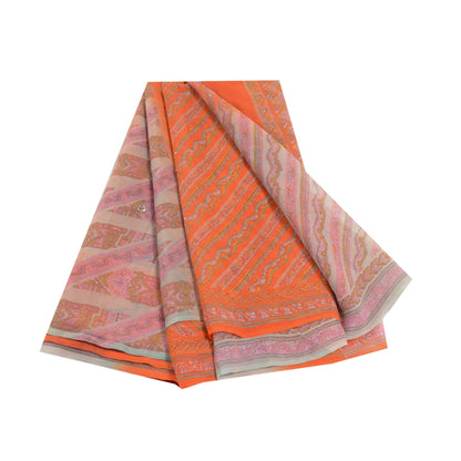 Sanskriti Vintage Orange Printed Hand Beads Sarees Pure Chiffon Silk Sari Sustainable Fabric