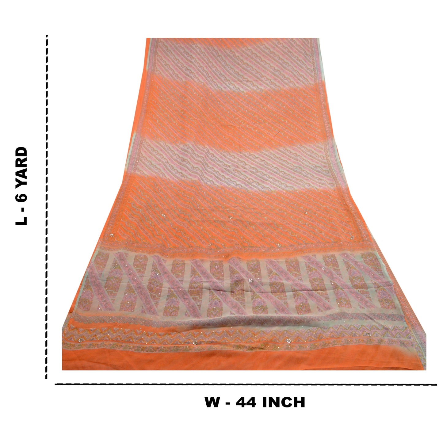Sanskriti Vintage Orange Printed Hand Beads Sarees Pure Chiffon Silk Sari Sustainable Fabric