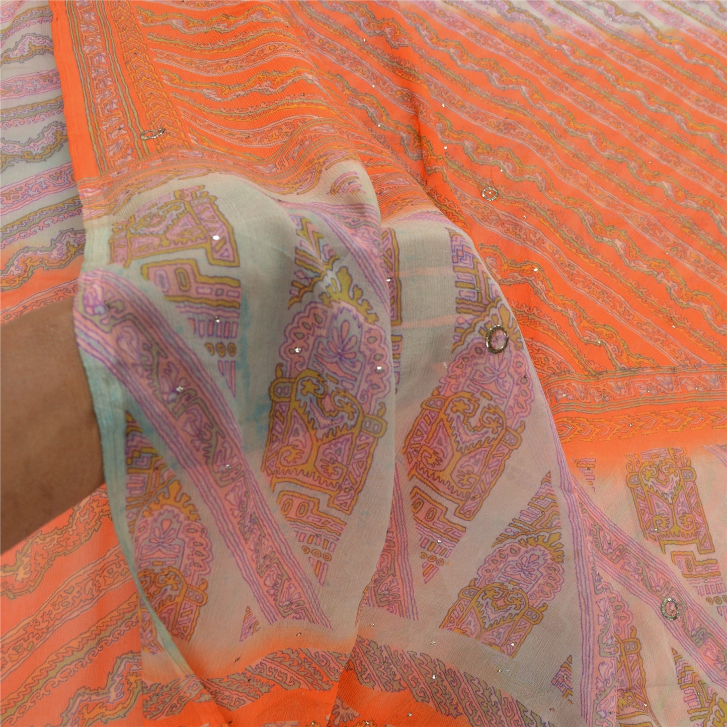 Sanskriti Vintage Orange Printed Hand Beads Sarees Pure Chiffon Silk Sari Sustainable Fabric