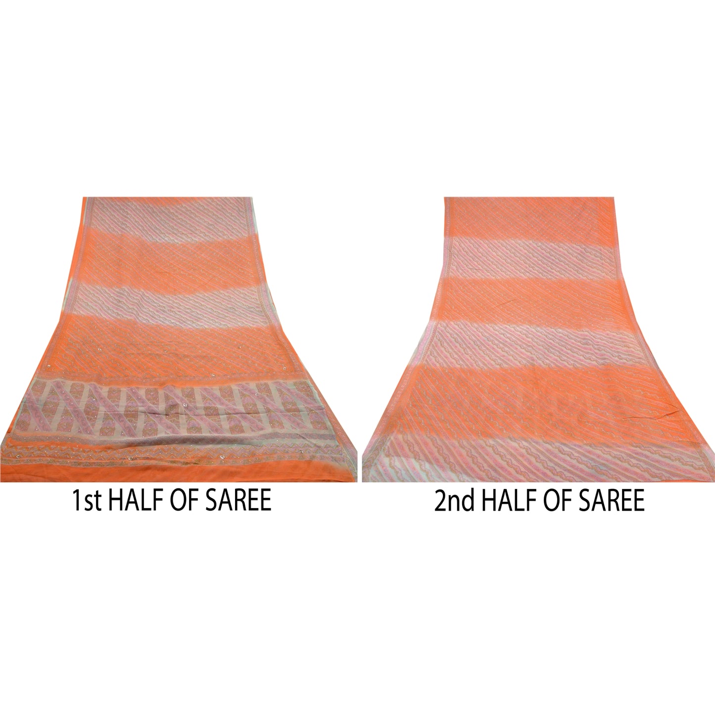 Sanskriti Vintage Orange Printed Hand Beads Sarees Pure Chiffon Silk Sari Sustainable Fabric