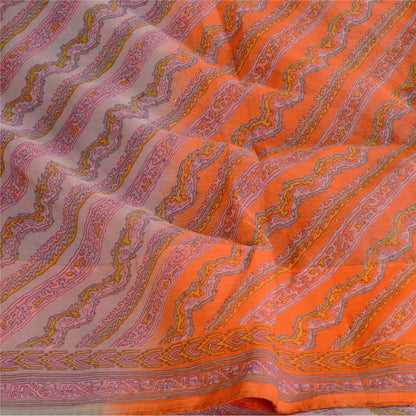 Sanskriti Vintage Orange Printed Hand Beads Sarees Pure Chiffon Silk Sari Sustainable Fabric