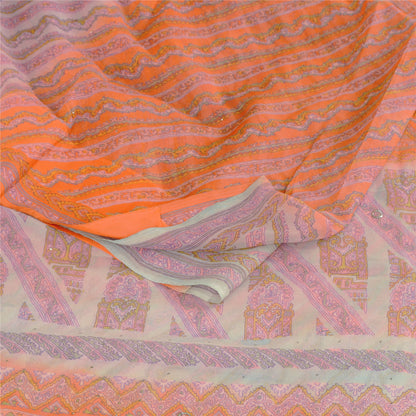 Sanskriti Vintage Orange Printed Hand Beads Sarees Pure Chiffon Silk Sari Sustainable Fabric