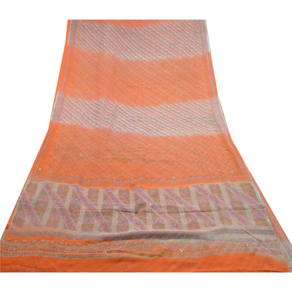 Sanskriti Vintage Orange Printed Hand Beads Sarees Pure Chiffon Silk Sari Sustainable Fabric