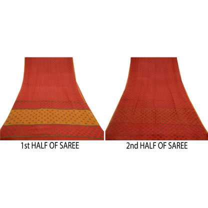 Sanskriti Vintage Red Printed Sarees Pure Georgette Silk Sari 5yd Craft Sustainable Fabric