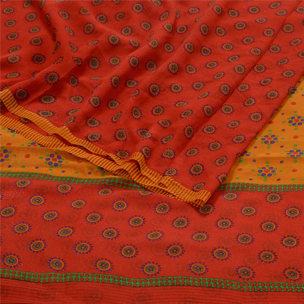 Sanskriti Vintage Red Printed Sarees Pure Georgette Silk Sari 5yd Craft Sustainable Fabric