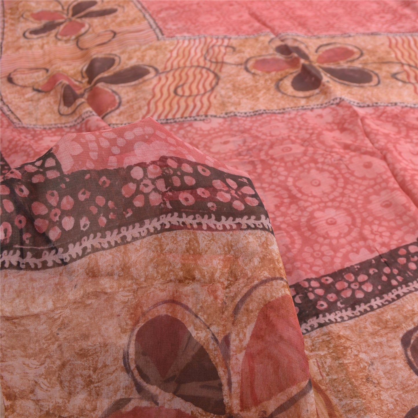 Sanskriti Vintage Pink Sarees Blend Georgette Printed Sari Craft 5 Yard Sustainable Fabric