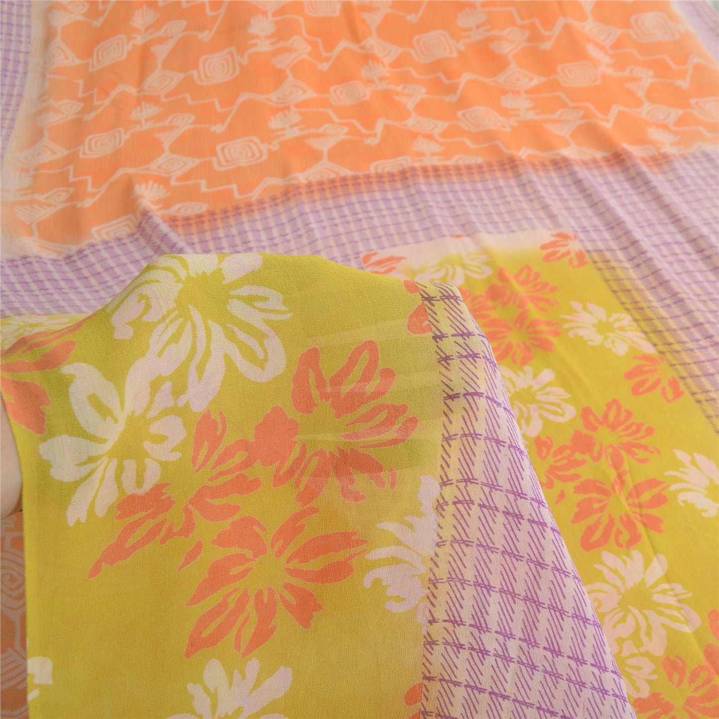 Sanskriti Vintage Orange & Purple Sarees Pure Georgette Print Sari Craft Fabric