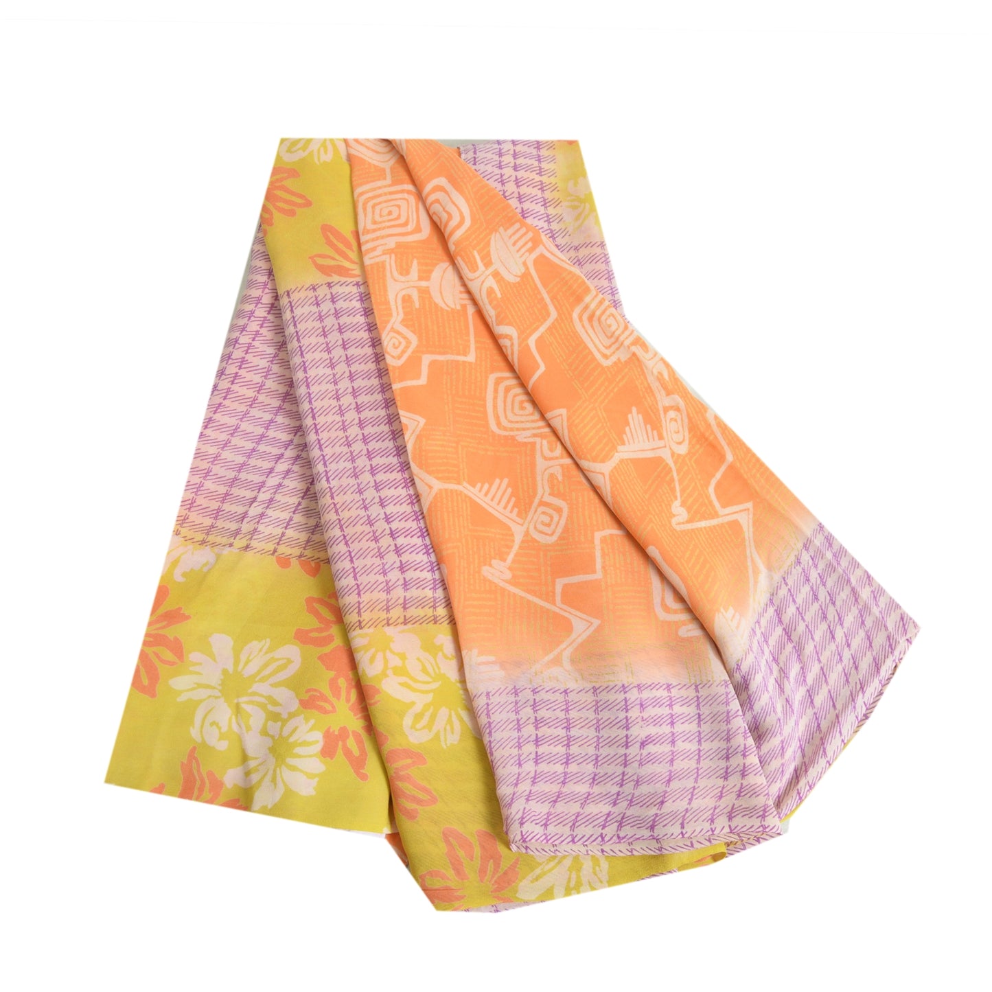 Sanskriti Vintage Orange & Purple Sarees Pure Georgette Print Sari Craft Fabric