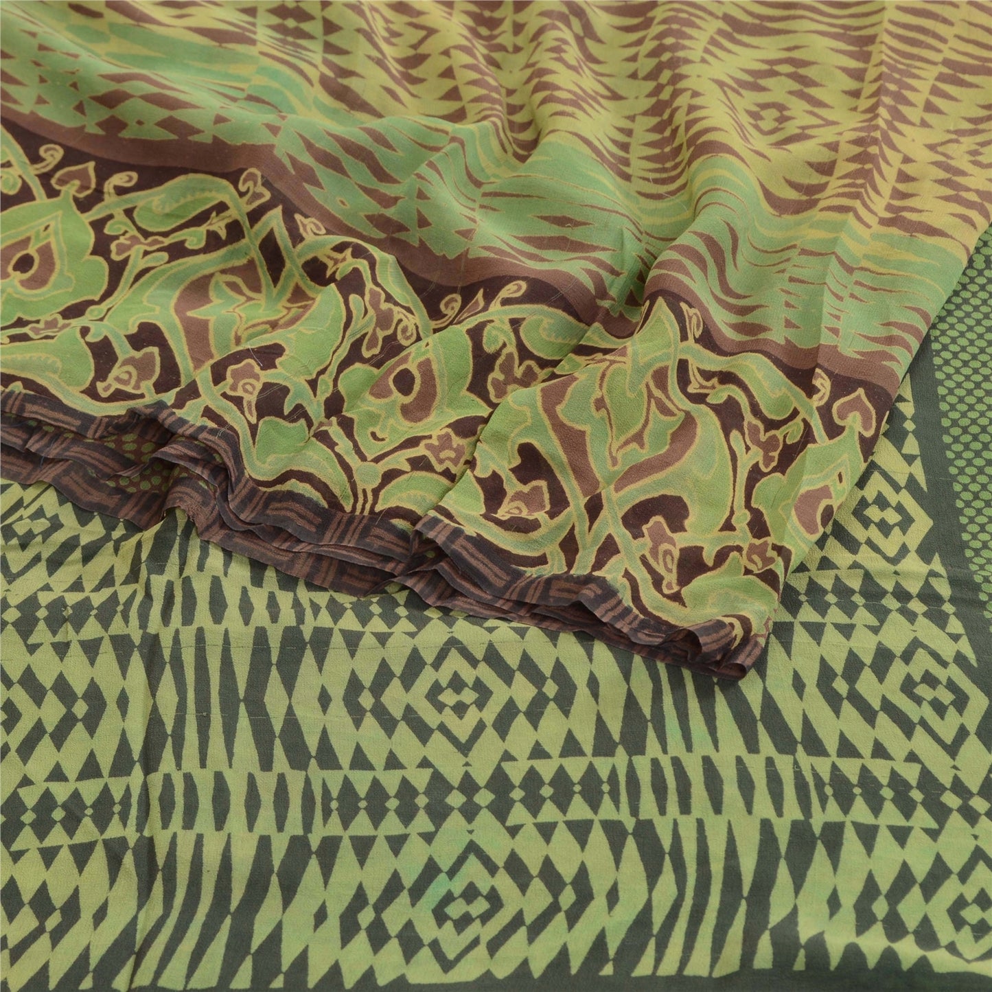 Sanskriti Vintage Green Sarees Pure Georgette Geometric Printed Sari 5+yd Fabric