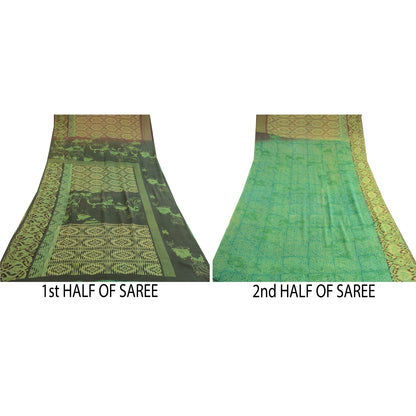 Sanskriti Vintage Green Sarees Pure Georgette Geometric Printed Sari 5+yd Fabric