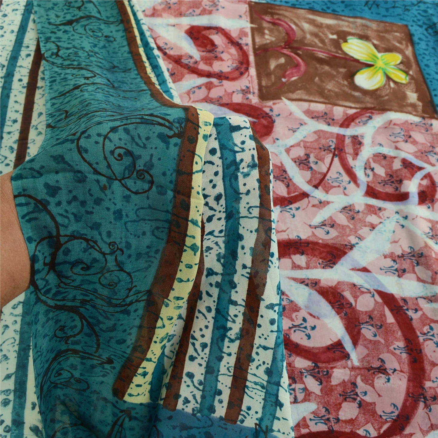 Sanskriti Vintage Blå Sarier Ren Georgette Silke Trykt Sari 5yd Håndværk Bæredygtigt Stoff
