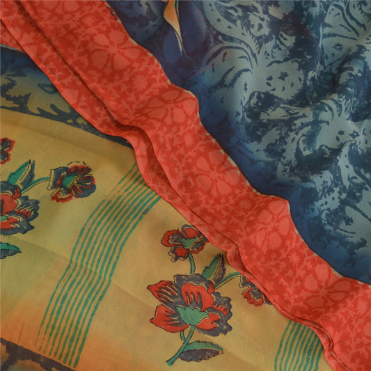 Sanskriti Vintage Red Sarees Pure Georgette Silk Printed Sari 5yd Craft Sustainable Fabric