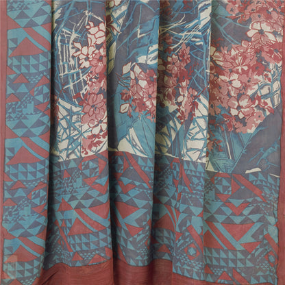 Sanskriti Vintage Pure Georgette Silk Sarees Blue Printed Sari 5yd Craft Sustainable Fabric