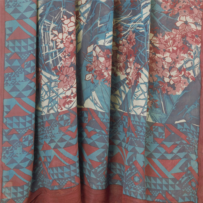 Сари из чистого шелка Sanskriti Vintage Pure Georgette Blue Printed Sari 5yd Craft Sustainable Fabric