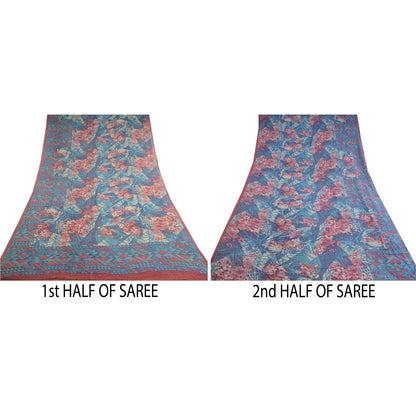 Sanskriti Vintage Pure Georgette Silk Sarees Blue Printed Sari 5yd Craft Sustainable Fabric