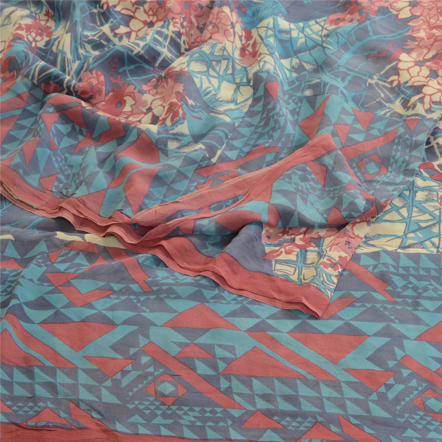 Sanskriti Vintage Pure Georgette Silk Sarees Blue Printed Sari 5yd Craft Sustainable Fabric