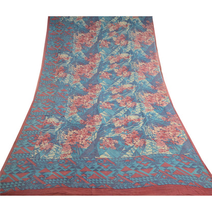Sanskriti Vintage Pure Georgette Silk Sarees Blue Printed Sari 5yd Craft Sustainable Fabric