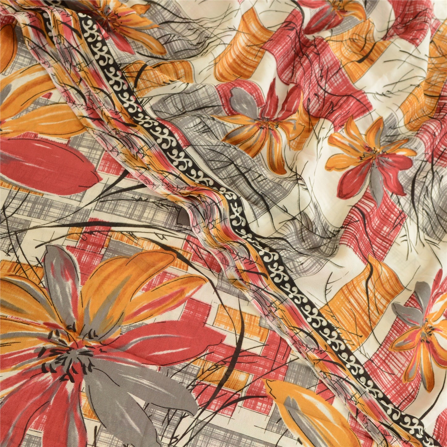 Sanskriti Vintage Sari Mose Crepe Printed Red Sarees 5 Yd Indian Soft Craft Fabric Home Decor, Women Floral Outfit, Silk Scrap