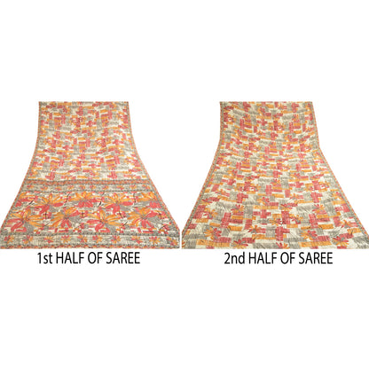 Sanskriti Vintage Sari Mose Crepe Printed Red Sarees 5 Yd Indian Soft Craft Fabric Home Decor, Women Floral Outfit, Silk Scrap