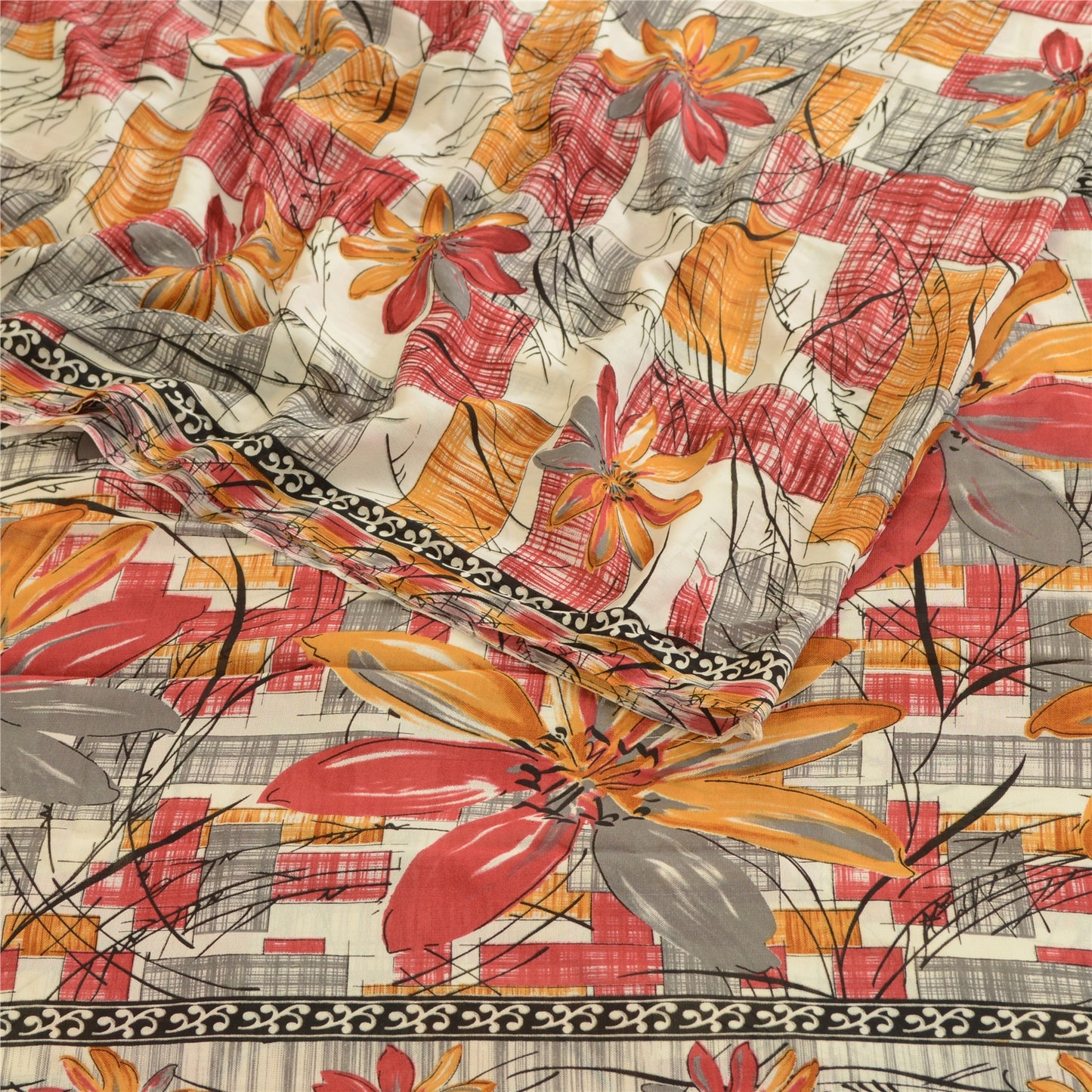 Sanskriti Vintage Sari Mose Crepe Printed Red Sarees 5 Yd Indian Soft Craft Fabric Home Decor, Women Floral Outfit, Silk Scrap