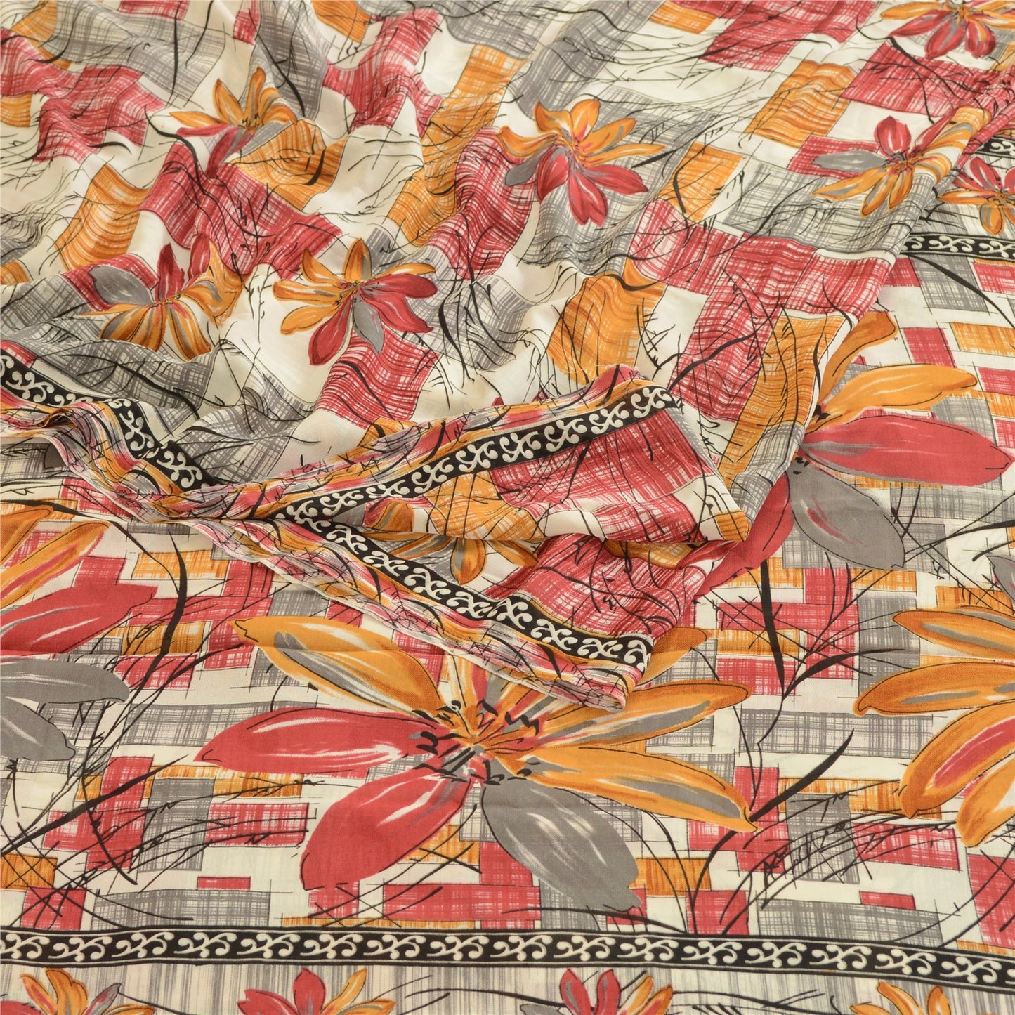 Sanskriti Vintage Sari Mose Crepe Printed Red Sarees 5 Yd Indian Soft Craft Fabric Home Decor, Women Floral Outfit, Silk Scrap