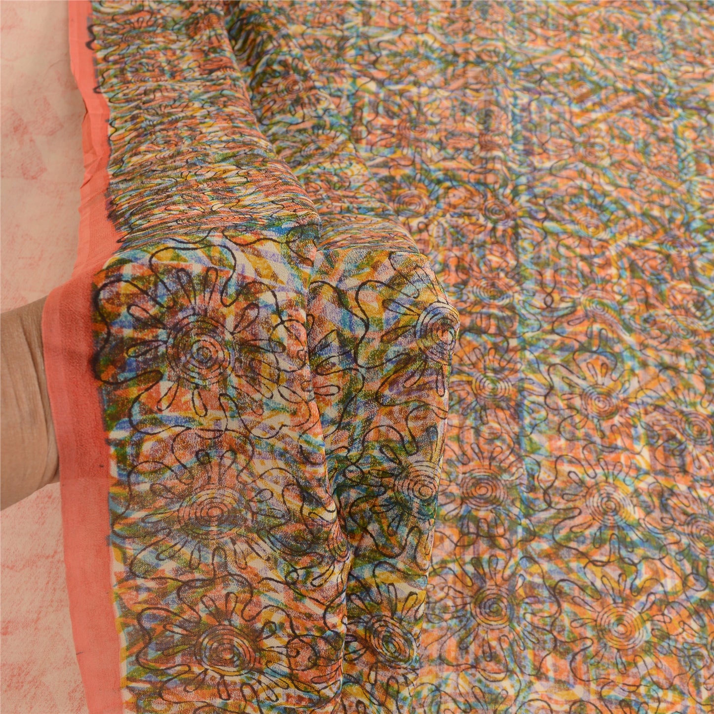 Sanskriti Vintage Pink Sarees Pure Georgette Silk Printed Sari 5yd Craft Sustainable Fabric