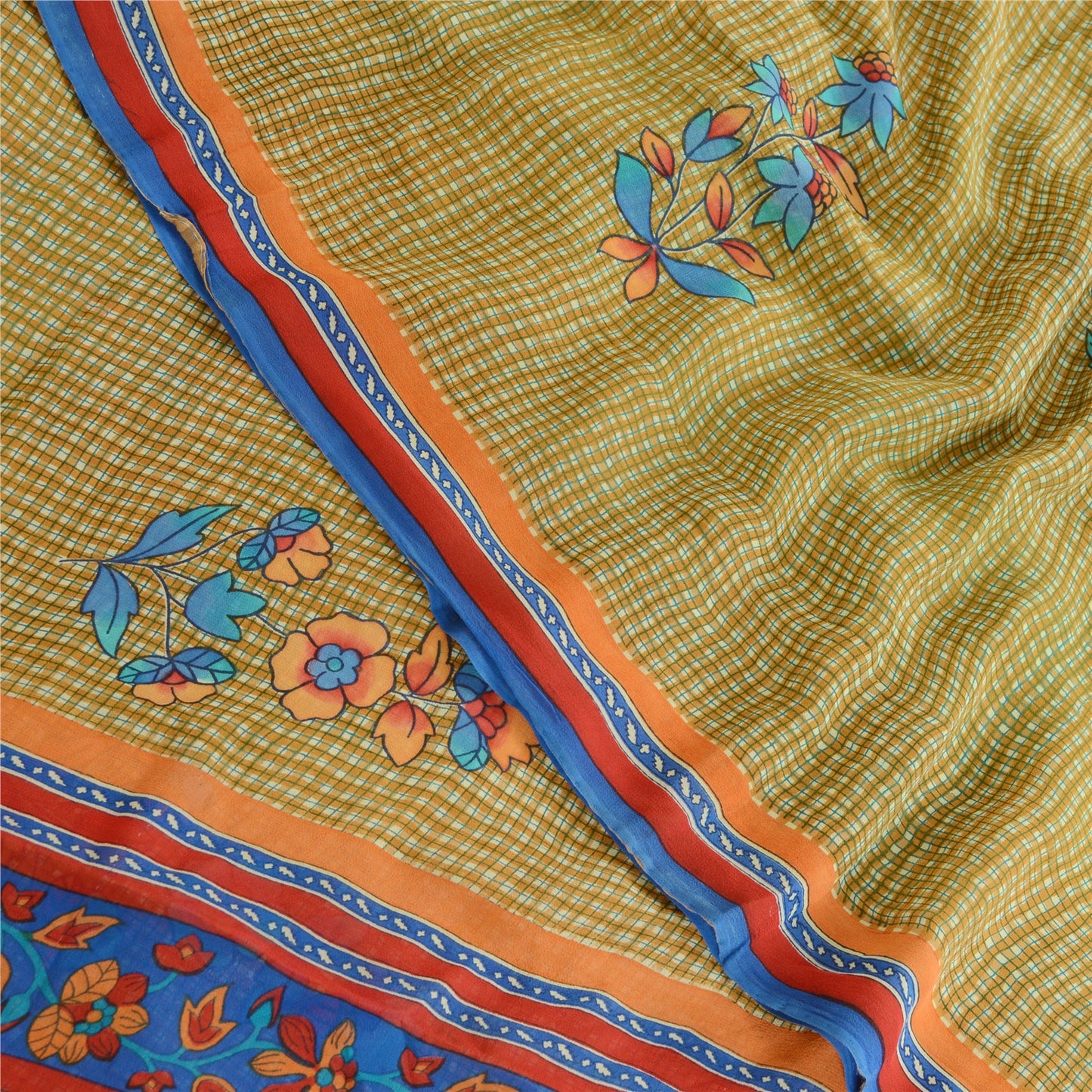 Sanskriti Vintage Green Sarees Pure Georgette Silk Printed Sari 5yd Craft Sustainable Fabric
