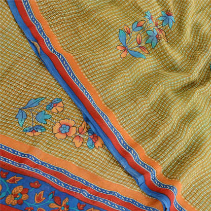 Sanskriti Vintage Green Sarees Pure Georgette Silk Printed Sari 5yd Craft Sustainable Fabric